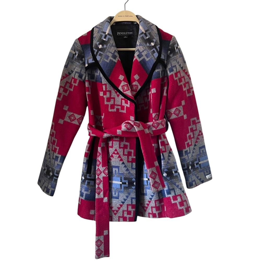 Pendleton Southwestern Aztec Print Belted Wool Wrap Coat Jacket Women Size XS